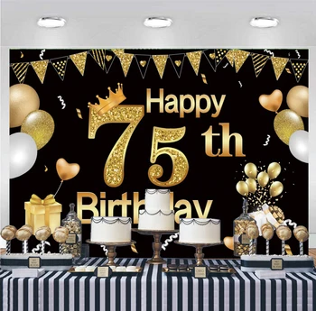 Фон на 75-й день рождения для женщин, мужчин, Вечеринка по случаю 75-летия, украшения из черных и золотых воздушных шаров, Фоновая фотография