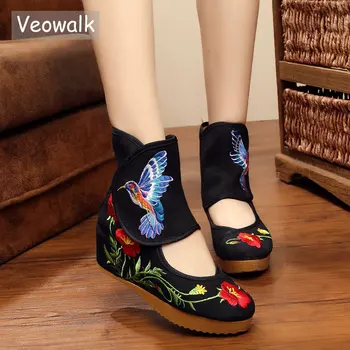 Женские повседневные ботинки с запахом на щиколотке Veowalk Hummingbird Chinese Noble Mary Janes, Увеличенные изнутри туфли-лодочки с вышивкой, Тканевая обувь