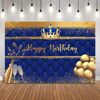 С Днем рождения, королевский синий фон, Корона, Золотые блестящие шары, шампанское, Тематическая фотобудка для дня рождения новорожденных детей