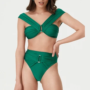 Зеленое бикини с разрезом на плечах, сексуальный купальник на бретелях с высокой талией, полый купальник 2023, женские купальники, пляжное платье на шнуровке, чехол