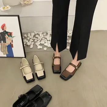 Весенние женские туфли-лодочки с квадратным носком и пряжкой на низком каблуке Mary Jane, женские повседневные мягкие балетки, лоферы на низком массивном каблуке