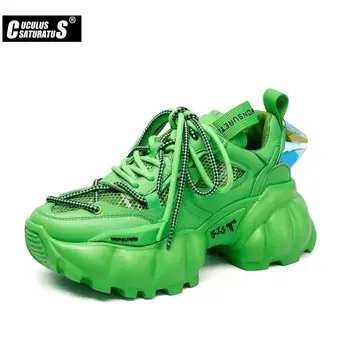 Женские массивные кроссовки, женская сетчатая дышащая обувь, повседневные кроссовки для бега, женская вулканизированная обувь, ярко-зеленая обувь для папы на платформе.