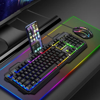 Набор игровых клавиатур и мышей Mechanical Feel Wire с красочной светящейся клавиатурой USB RGB и мышами для ПК-геймеров с держателем телефона