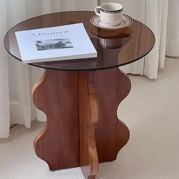 Средневековый коричневый стол Стеклянный журнальный столик из массива дерева, Приставной столик для дивана, Маленький круглый столик, Прикроватные столики для чтения