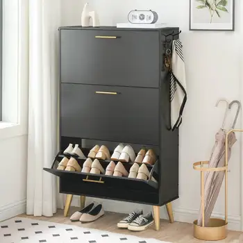 Обувной шкаф HOOBRO Подставка для обуви с опрокидывающимся ведром Шкаф для хранения обуви с 3 выдвижными ящиками Шкаф-органайзер для обуви с крючками для одежды