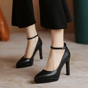 Черные туфли Mary Jane, женские туфли-лодочки на высоком каблуке, туфли на толстом массивном каблуке, женские туфли с ремешком и пряжкой, Tacones Mujer с круглым носком