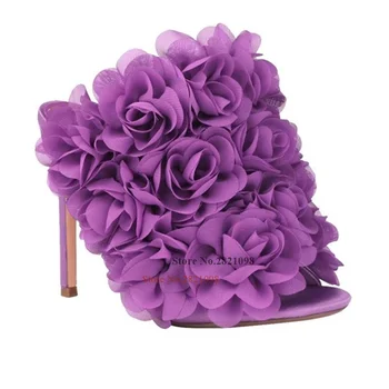 Женские шлепанцы с цветочными украшениями, сексуальные тапочки на шпильке с открытым носком, женские слипоны на высоком каблуке, обувь для подиума, вечерние ботильоны