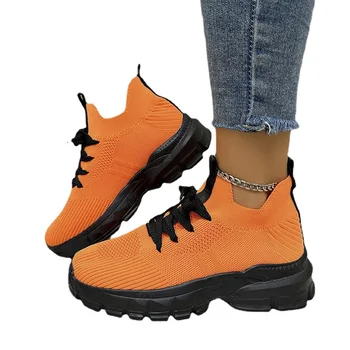 2023 Женские кроссовки на толстой подошве с дышащей сеткой, нескользящие женские кроссовки на шнуровке, оранжевые уличные повседневные женские туфли на плоской подошве.