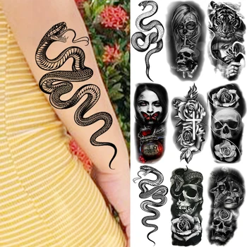 Временные татуировки в виде черной змеи Для женщин, взрослых, Вампира, Тигра, Черепа, Цветов на Хэллоуин, поддельные татуировки, наклейки, татуировки, Гадюка, Змея