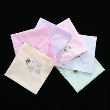 28 см Хлопковое мягкое квадратное полотенце с вышивкой, носовой платок с кружевной окантовкой в винтажном цветочном стиле, Цветочный платок для женщин и девочек
