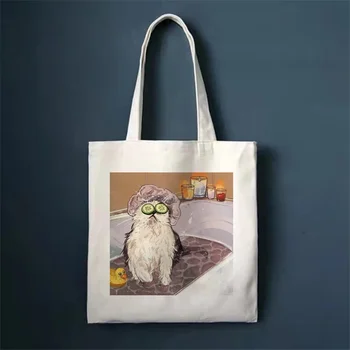 Новая хозяйственная сумка для домашних кошек, сумки для покупок, холщовая сумка Harajuku, многоразовая, большая емкость, Кавайная Женская повседневная сумка через плечо, сумка