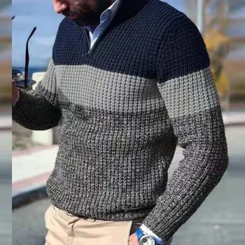 Классический мужской свитер, джемпер, топы, повседневный вязаный свитер на молнии с V-образным вырезом, осенне-зимний модный жаккардовый вязаный топ контрастного цвета для мужчин