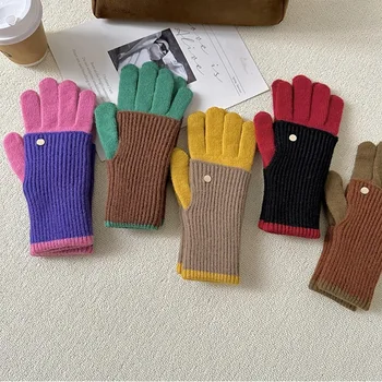 Вязаные перчатки с длинными рукавами, модные зимние перчатки толщиной в пять пальцев, теплые перчатки контрастного цвета, женские