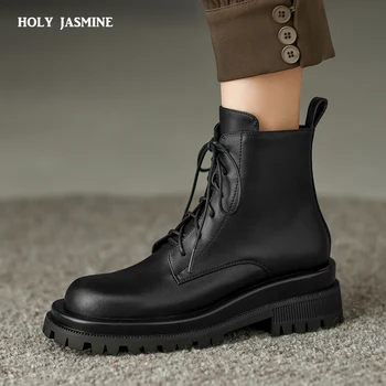 2022 Новые женские ботильоны, осенне-зимние рабочие повседневные ботинки из натуральной кожи на шнуровке, туфли на толстом каблуке, женские короткие ботинки на платформе