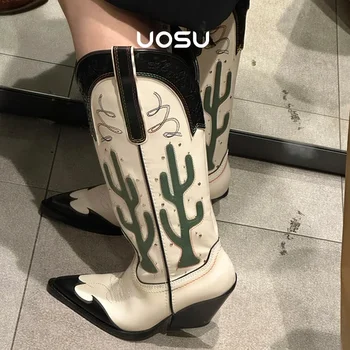 Стильные винтажные ковбойские сапоги в стиле вестерн с вышивкой кактуса, женские зимние высокие ботильоны с острым носком, удобная обувь для вечеринок