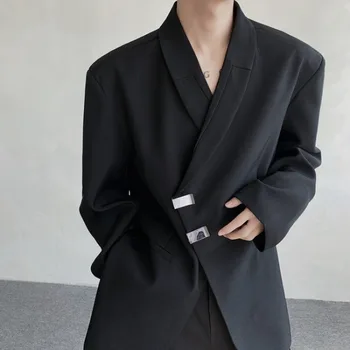 Весна 2024 года, мужские Пиджаки с металлической пряжкой и наклонной планкой, Высококачественный Свободный повседневный Блейзер, Мужская одежда для жениха, Социальная Уличная одежда