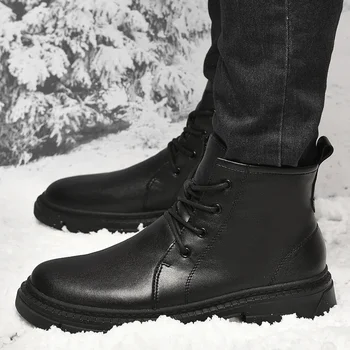 Мужская обувь; Лидер продаж 2023 года; Мужские ботинки на шнуровке; Зимние Однотонные Плюшевые Теплые Ботинки с круглым носком на Низком каблуке Большого размера
