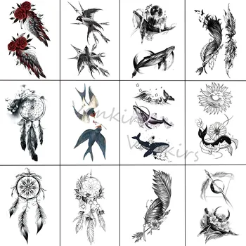 Временные татуировки Black Dream Catcher для женщин и взрослых, реалистичные перья Китовых птиц, поддельные татуировки, наклейки на руку, татуировки на спине