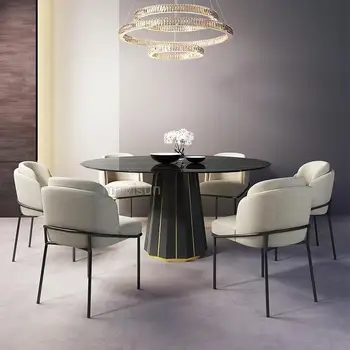 Обеденный стол с поворотной столешницей из черного камня и мрамора большого круга в скандинавском стиле, обеденные стулья в загородном стиле на 8 персон, мебель для ресторана