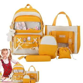 Набор рюкзаков из 5 предметов, эстетичный школьный рюкзак, в комплекте булавки и плюшевые подвески, набор школьных сумок большой емкости, эстетичный рюкзак
