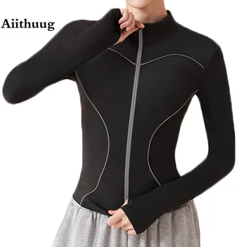Aiithuug, Куртки для йоги на молнии, куртки для спортзала, Быстросохнущие эластичные топы для фитнеса с длинным рукавом, более тонкие светоотражающие полосы на талии