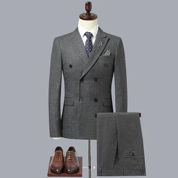 Высококачественный модный осенне-зимний комплект (костюм + жилет + брюки) Повседневная деловая тройка в британскую приталенную полоску