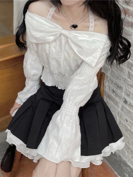 Зимняя Японская Белая Милая Блузка Для женщин с бантом в стиле колледжа, Дизайнерские топы Kawaii, женские Шикарные топы с расклешенными рукавами и открытыми плечами 2023