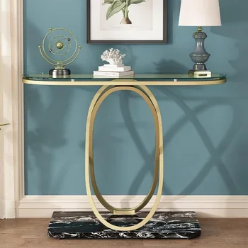 Золотой консольный столик для Прихожей, Стеклянный диван-столик для гостиной, Современный столик для Прихожей с Золотыми рамами и основанием из искусственного мрамора