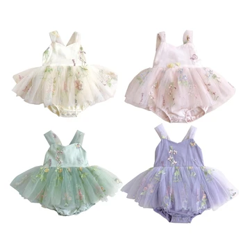 Детские комбинезоны с вышивкой, Летнее тюлевое платье, комбинезон с бантом и цветочным рисунком, платья принцессы без рукавов для маленьких девочек от 0 до 2 лет
