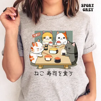 Кошка Ест Суши Забавная футболка с коротким рукавом, женская футболка с рисунком любителя кошек, футболка с длинными рукавами