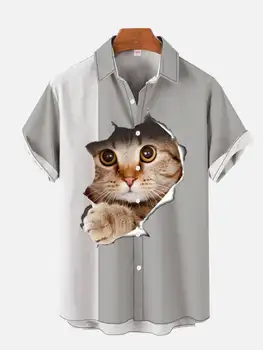 Мужские рубашки с принтом милого кота, мужская гавайская повседневная рубашка с 3D-принтом, рубашка с объемным рисунком, летняя рубашка с животным рисунком