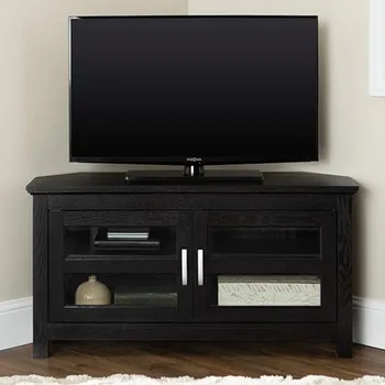 Угловой деревянный шкаф для телевизора с 2 дверцами, подходит для телевизора диагональю до 48 дюймов, с перегородкой для хранения, подходит для гостиной, черный