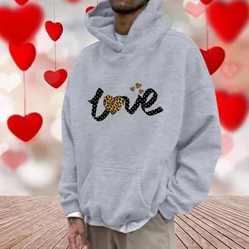 Мужская футболка на День Святого Валентина, стильный пуловер с буквенным принтом в горошек, передний карман с капюшоном, туника с длинным рукавом, повседневная уличная одежда для пары