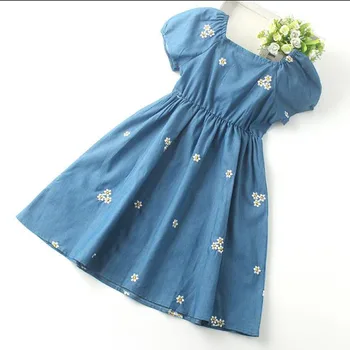 Детское джинсовое платье с пузырчатыми рукавами для девочек, модное хлопковое платье принцессы от 3 до 12 лет