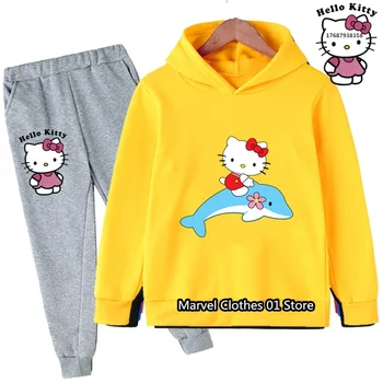 2024 Новые детские повседневные спортивные костюмы Hello Kitty Для мальчиков и девочек, толстовки Kuromi, Длинные брюки, комплекты из 2 предметов, детский спортивный костюм, одежда