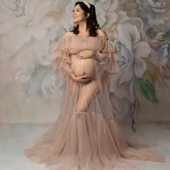 Розовые тюлевые платья для беременных для фотосессии, простые прозрачные халаты для душа с вырезом лодочкой и открытыми плечами, реквизит для платья для беременных