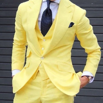 Желтые облегающие повседневные мужские костюмы для певца, смокинг жениха из 3 предметов, мужской модный свадебный костюм для выпускного вечера, жилет со штанами