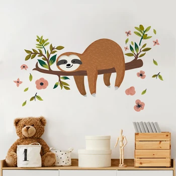 Мультяшный Милый Ленивец на дереве, животное, Акварельная наклейка на стену, виниловые наклейки на стены детской, декоративные для детской комнаты, домашний декор
