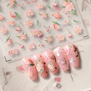 Розовый цветок персика, 5D Мягкие рельефные рельефы, самоклеящиеся наклейки для ногтей, Голубая роза, маргаритка, бабочка, наклейки для маникюра Оптом
