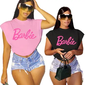 Сексуальная модная женская футболка Barbie с рисунком Каваи для девочек, Летний спортивный повседневный жилет без рукавов, Мягкие Свободные топы с короткими рукавами в стиле Аниме