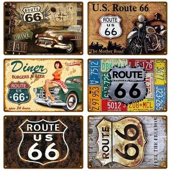 Route 66 Ретро Декоративная металлическая вывеска для дома, плакаты на стене, Жестяная вывеска, Винтажный плакат, декор для стен, художественное оформление комнаты