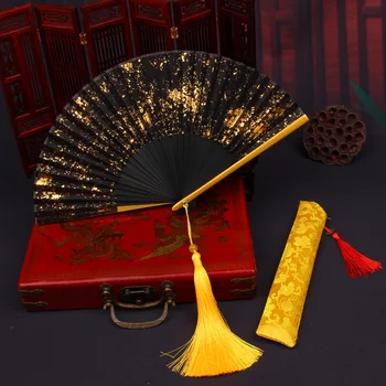Складной вентилятор С золотым тиснением, летняя охлаждающая танцевальная вечеринка в ретро-китайском стиле, удобный для переноски, винтажное шелковое художественное оформление, подарочные украшения