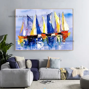 Лодка на синем море, картина маслом, морской пейзаж, настенное искусство, холст, картина ручной работы в скандинавском стиле для гостиной, домашний декор