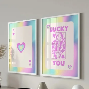 Красочный модный ретро-плакат Queen Of Hearts, Покерная карта Lucky You Ace, Прикольные эстетичные настенные рисунки, декор домашней комнаты в общежитии