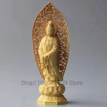 ХОРОШАЯ Авалокитешвара, Азия, Духовная защита ДОМА, Благослови семью # Ручная работа, желтая груша, резьба по дереву, статуя Будды Лотос Гуаньинь