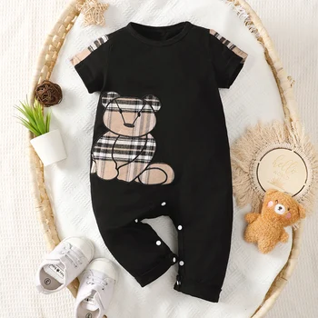 Очаровательный Детский Клетчатый Комбинезон в стиле Пэчворк с Вышивкой Милого Медведя