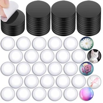 Наборы магнитов на холодильник для поделок своими руками, круглые магнитные диски с прозрачными куполообразными кабошонами, стеклянные магнитные диски (48 комплектов), черные