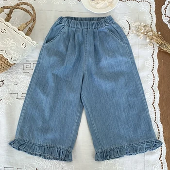 Модные осенние джинсы для маленьких девочек, джинсовые брюки-клеш для маленьких мальчиков, широкие джинсы для девочек, детские брюки, детские джинсы