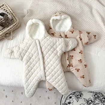 Зимние и осенние ползунки для новорожденных девочек и мальчиков с капюшоном, утепленная одежда с хлопковой подкладкой, Корейская мода, мягкая повседневная одежда