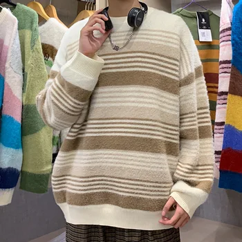 Модный мужской свитер в полоску, пуловер, цветной блок, пэчворк, вязаный свитер с круглым вырезом и длинным рукавом, верхняя блузка, теплая мужская одежда B90